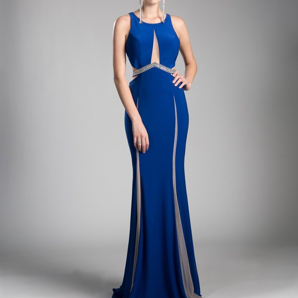 Cinderella Royal Blue Cutout Prom Gown with Silver Accents